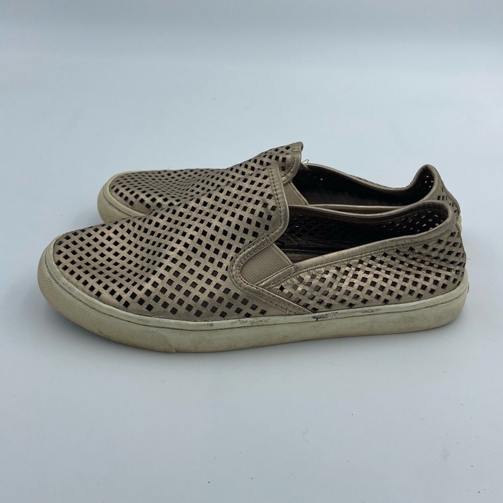 Tory Burch Jesse Gold Metallic Leather Perforated Slip On Shoes - Picture 4 of 6